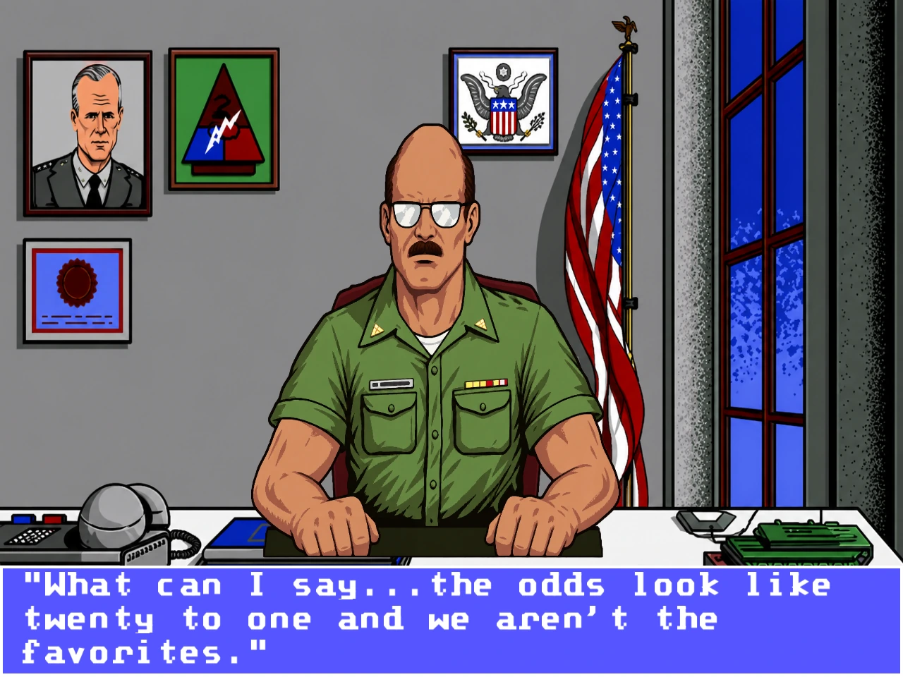 Upscaled graphics: the Colonel in his office, with restored portrait, desk and briefing lettering.